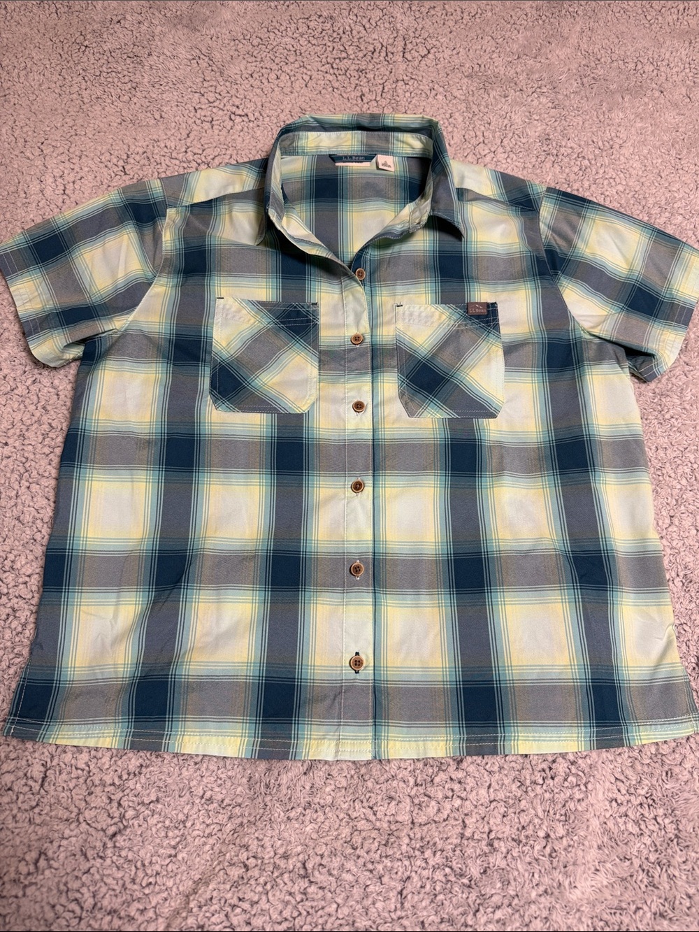 L.L. Bean Women’s Short-Sleeve Plaid Button-Down Shirt - Green & Yellow